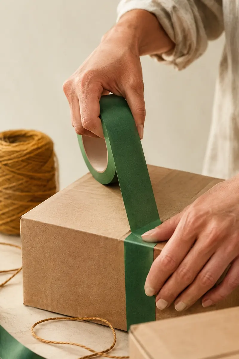 Manos cerrando una caja de envío con cinta verde en un taller de empaquetado.