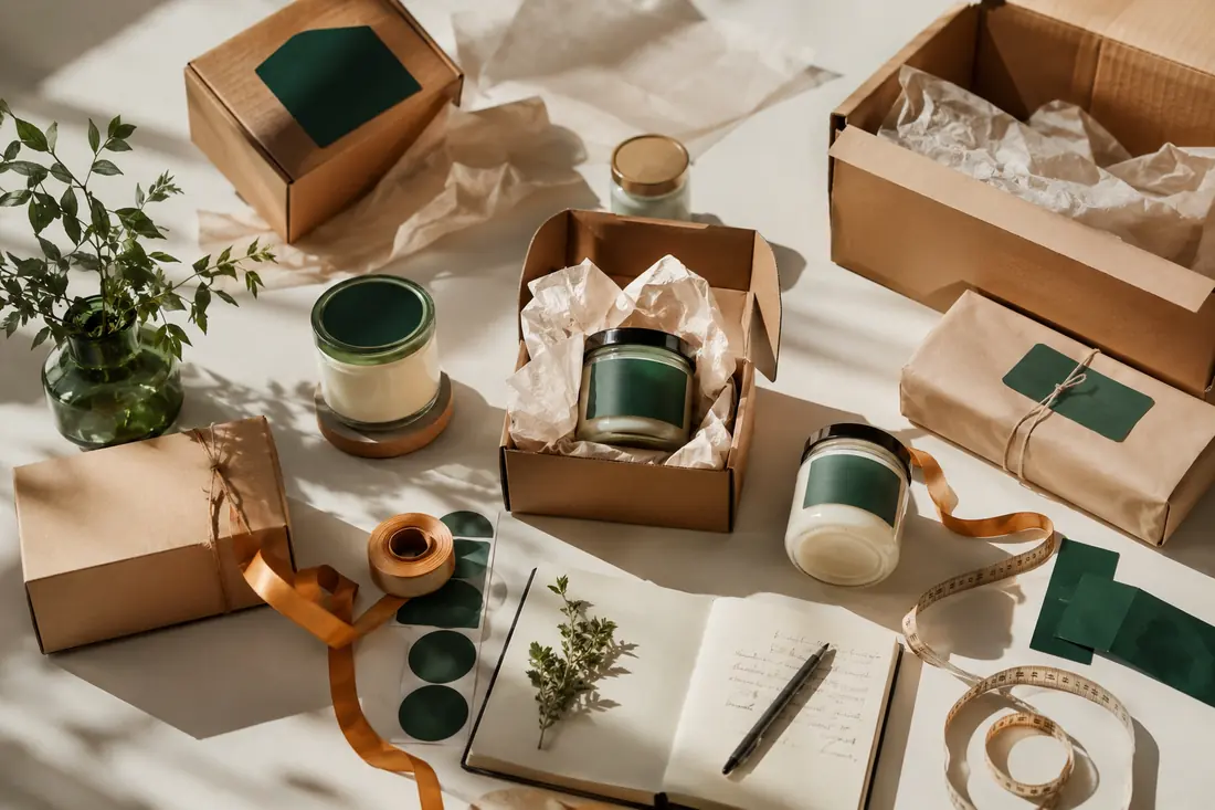Mesa con cajas de cartón, cintas y muestras de packaging de una marca de e-commerce.