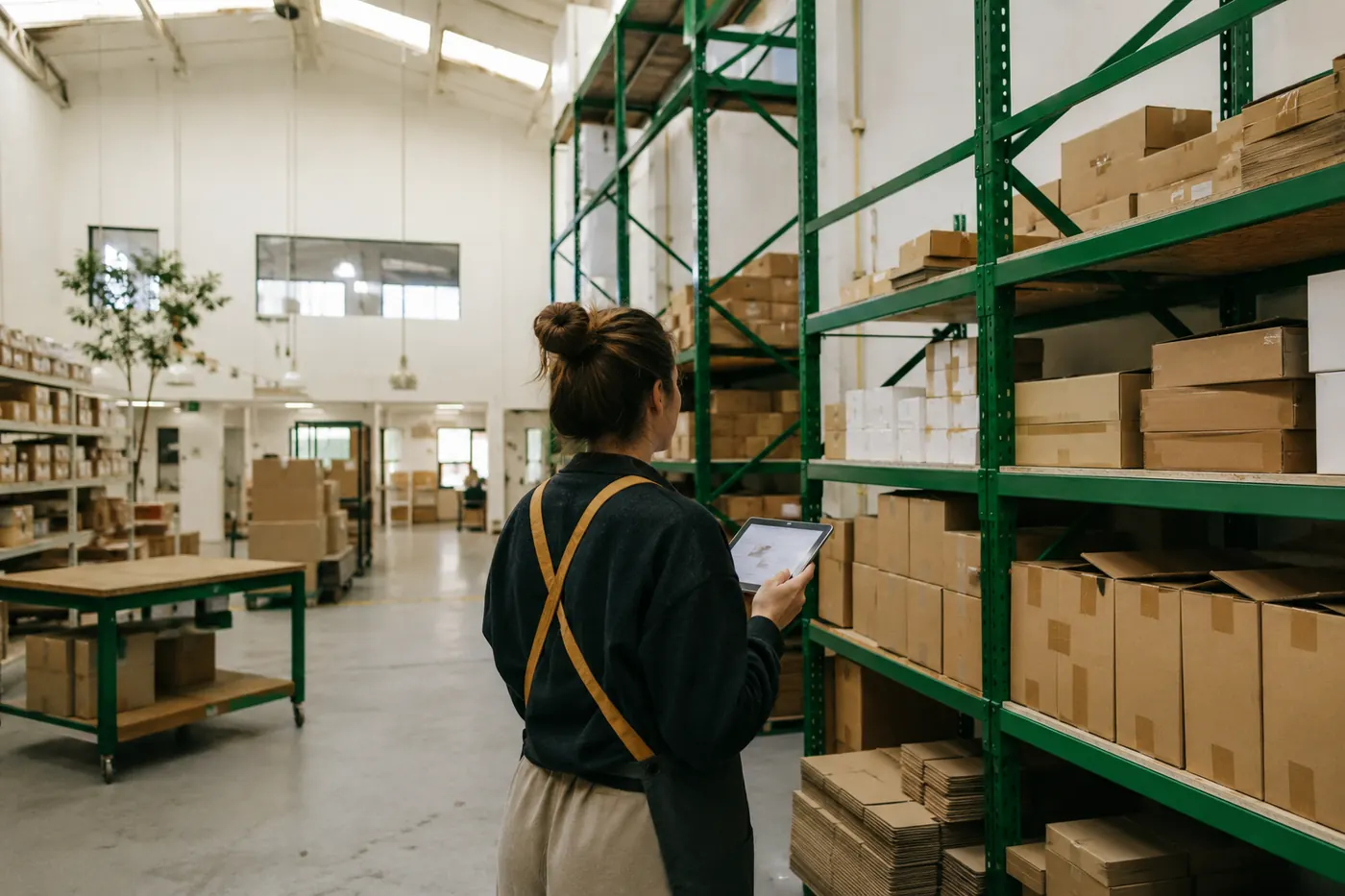 Persona revisando inventario con una tableta en un almacén de fulfilment.